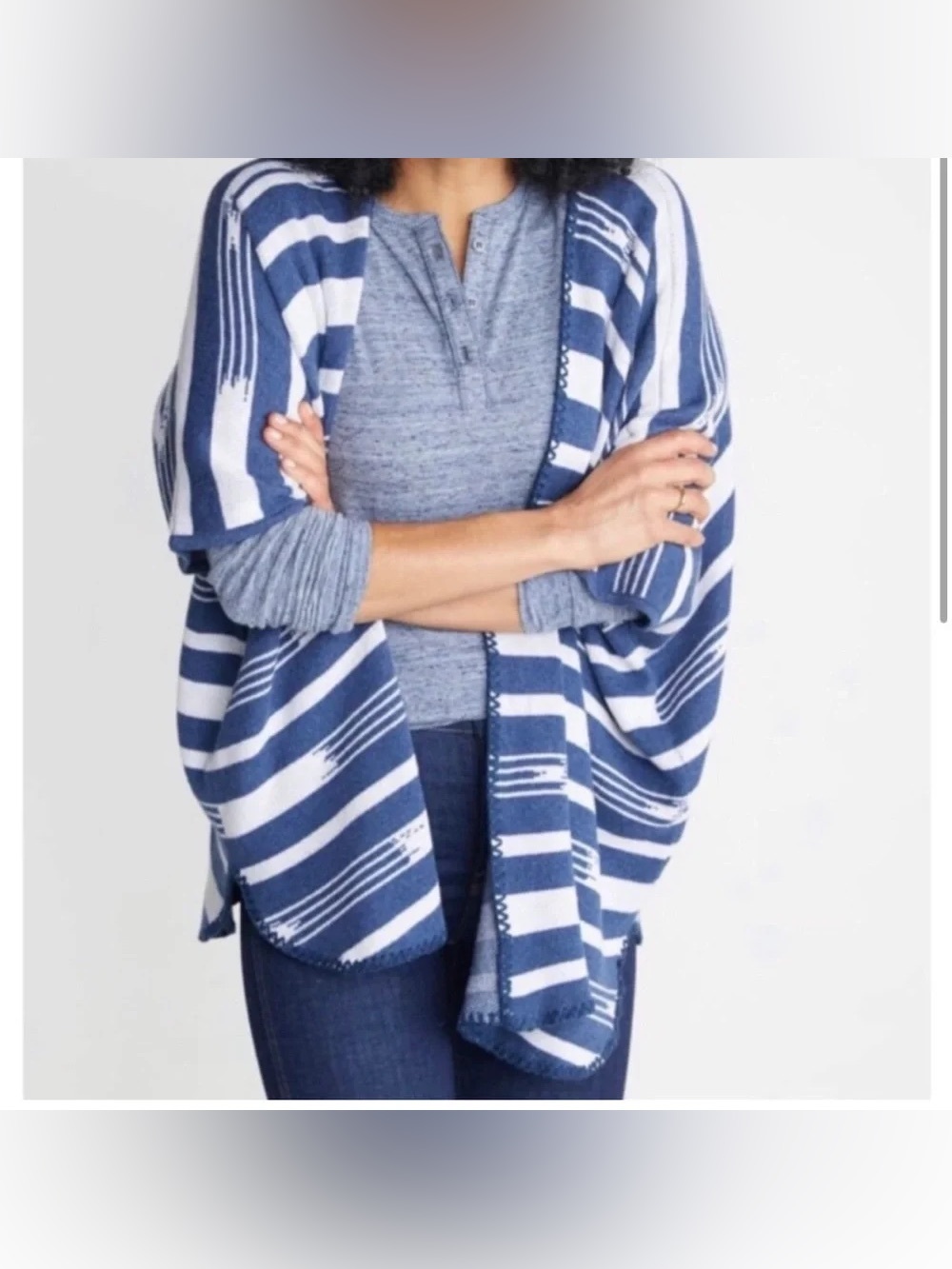 Marine Layer Poncho Wrap White Blue Wrap Blanket Sweater Stripe Cardigan